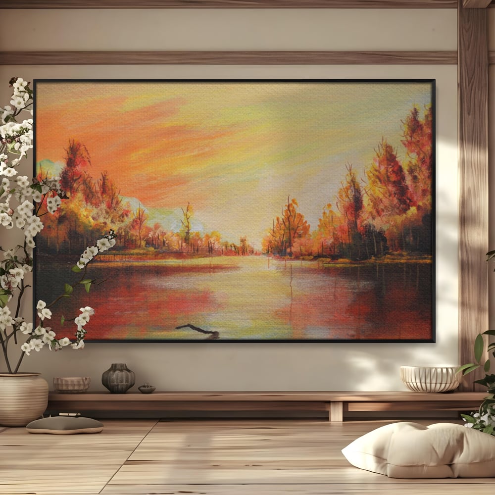 Tablou canvas cu pictura cu peisaj de toamna si lac, in rama de aluminiu negru